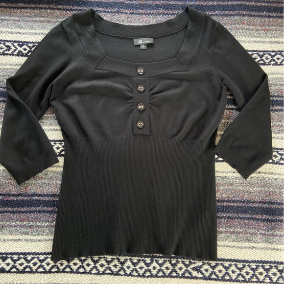 AB Studio Black Knit Sweater Top with Buttons Ribbed Large L Blouse 3/4 Sleeve - Picture 4 of 13